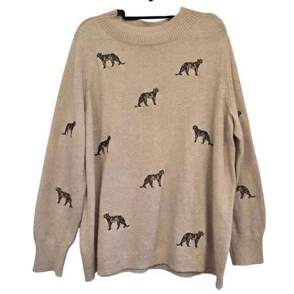 Chico’s 3 XL Beige Embroidered Cheetah Sweater Crewneck CozyLayering AnimalPrint - Picture 1 of 7